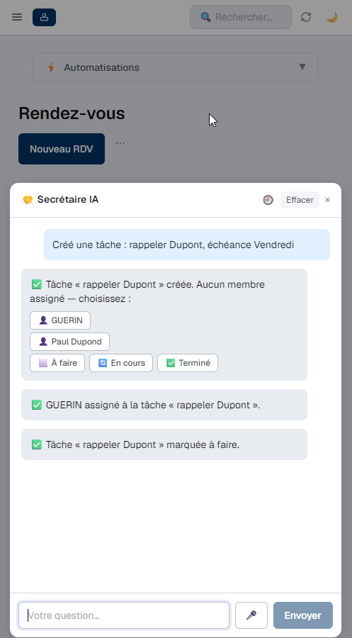 Secrétaire IA sur mobile créant une tâche