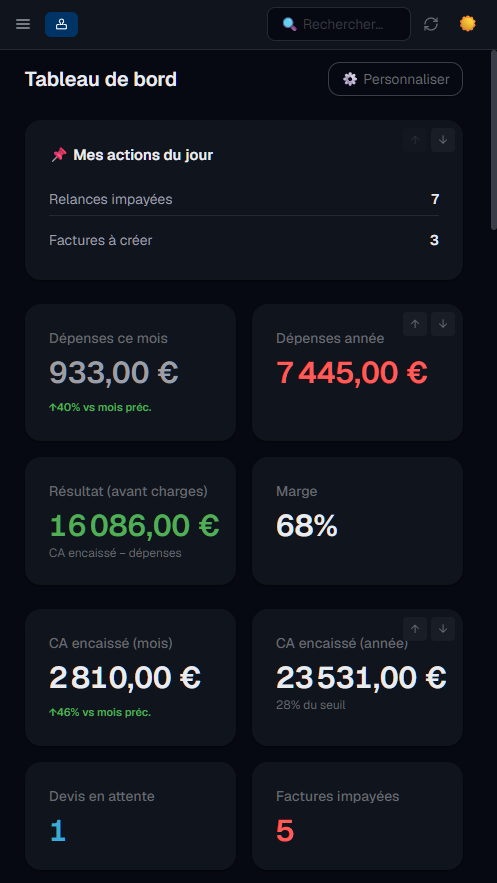 Tableau de bord Solverio en mode sombre sur mobile