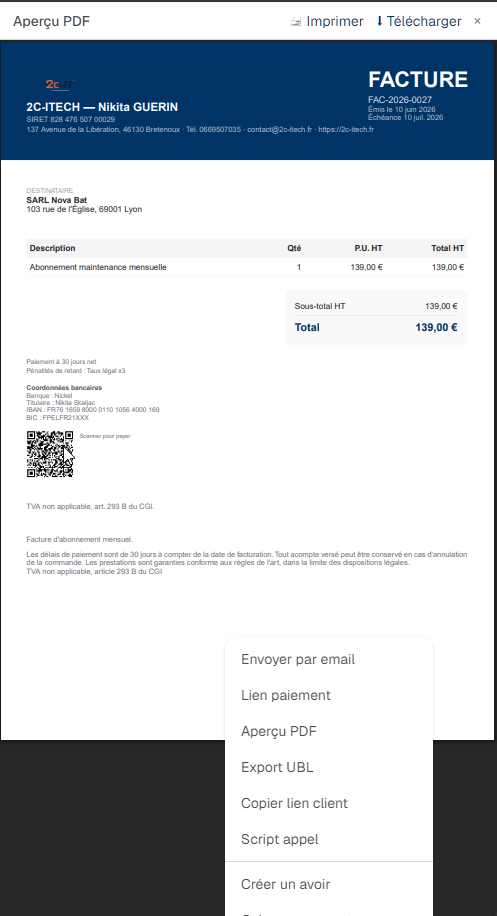 Aperçu d'une facture PDF sur mobile