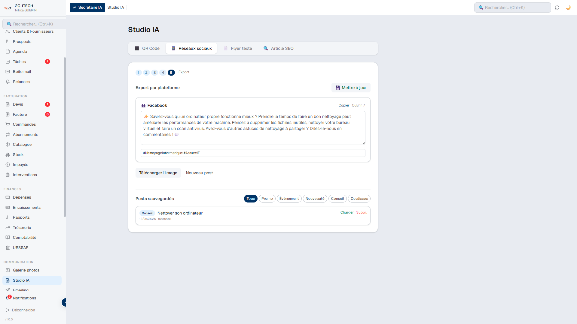 Studio IA de Solverio générant un post Facebook avec texte et hashtags
